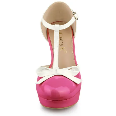 Allegra K - Platform Bow T Strap Block Heel Pump