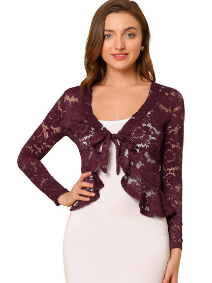 Allegra K - Tie Front Ruffle Lace Sheer Cropped Cardigan