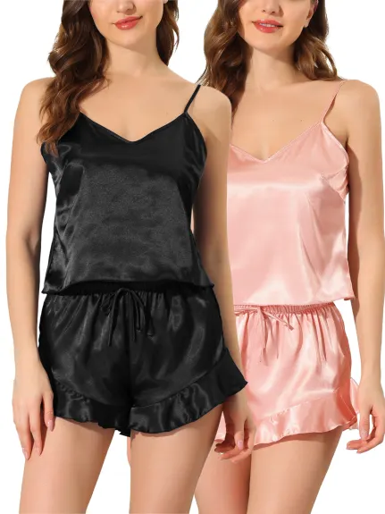 cheibear - Satin Ruffle Cami Pajamas Sets 2-Pack, Black