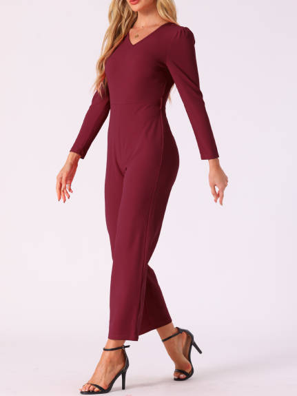 Allegra K - V Neck Long Sleeve Tie Waist Jumpsuit