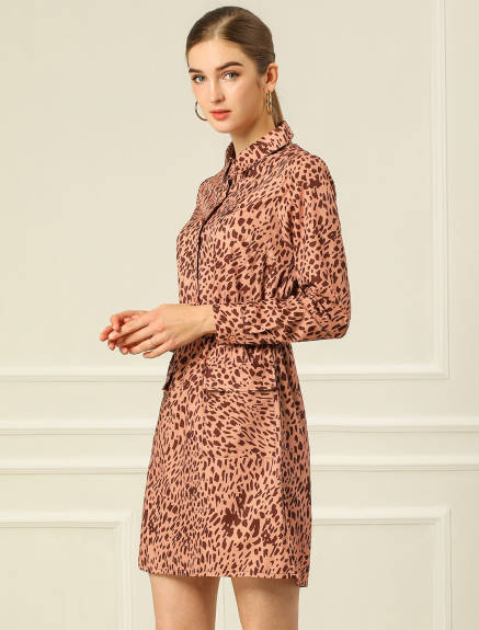 Allegra K- Leopard Button Half Placket Dress