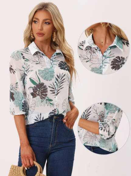 Allegra K- Collared 3/4 Sleeves Leaves Print Top