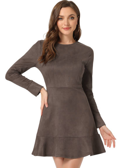 Allegra K- Faux Suede Round Neck Long Sleeve Ruffle Dress