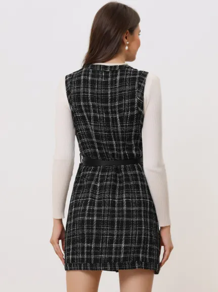 Allegra K - Button Down Pinafore Tweed Dress with Belt