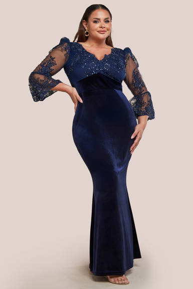 Goddiva - Scalloped Lace & Velvet Maxi Dress - Plus Size