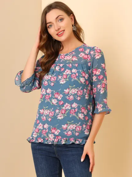 Allegra K- Floral Ruffled 3/4 Sleeve Chiffon Blouse