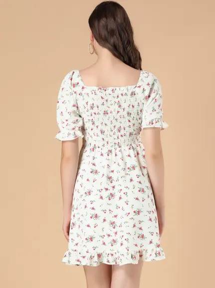 Allegra K- Puff Sleeve Square Neck Ruffled Hem Floral Smocked Dress