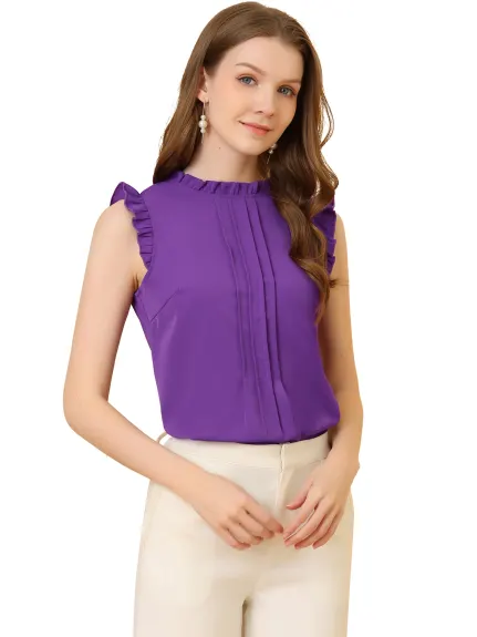 Allegra K- Ruffled Mandarin Collar Sleeveless Pleated Blouse