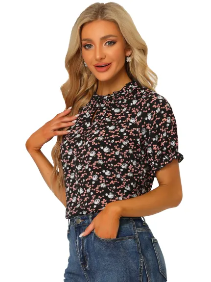 Allegra K- Floral Short Sleeve Ruffle Neck Blouse