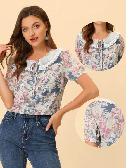 Allegra K - Lace Collar Tie Neck Summer Floral Chiffon Top