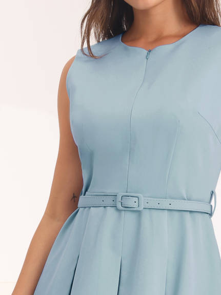 Hobemty- Sleeveless Zip Up Belted Fit and Flare Dress