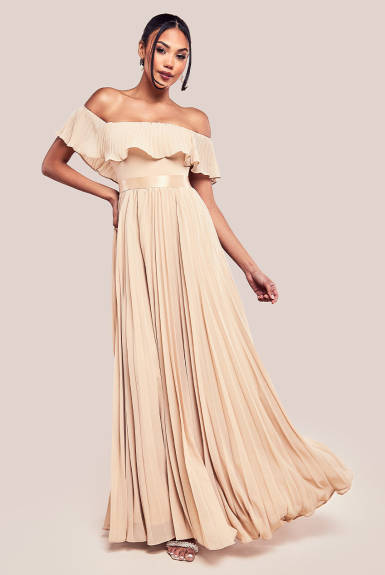 Goddiva - Pleated Chiffon Off Shoulder Maxi Dress