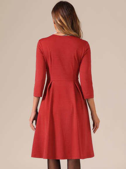 Allegra K- 3/4 Sleeve Sweetheart Neck Pleated Midi Dress