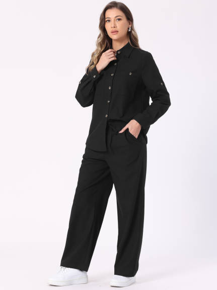 Allegra K - Button Down Shirt and Pants Linen Set