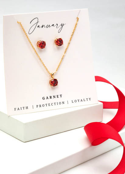 Goldtone January Garnet Birthstone CZ Earring & Necklace Set