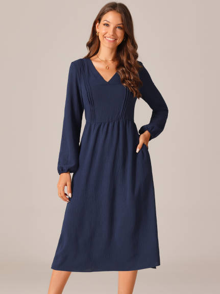 Allegra K - Long Sleeve V-Neck Pleated Fall Dress