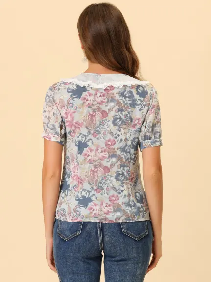 Allegra K - Lace Collar Tie Neck Summer Floral Chiffon Top