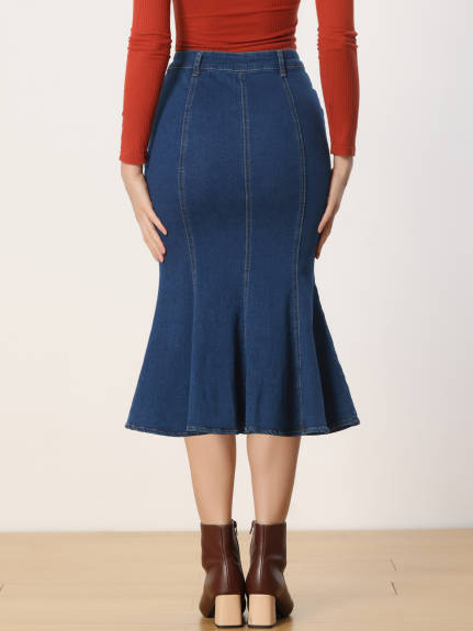 Allegra K- Washed Denim Fishtail Midi Skirt