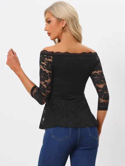 Allegra K- Floral Lace Off the Shoulder 3/4 Sleeve Peplum Top