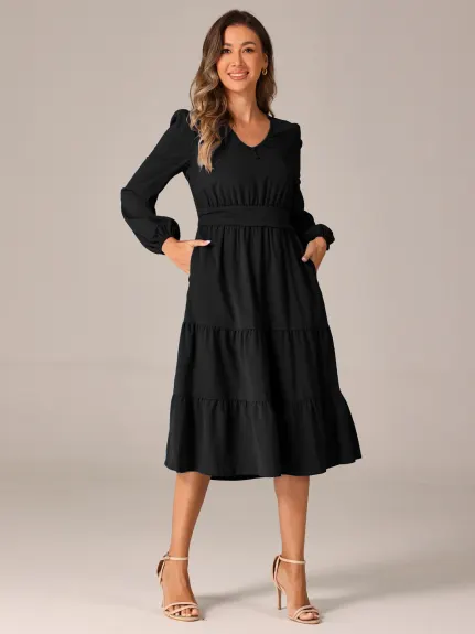 INSPIRE CHIC - V Neck Lantern Sleeve Ruffle Flowy Dress