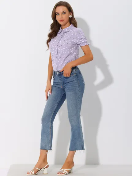 Allegra K - Frilled Short Sleeve Floral Cotton Shirt