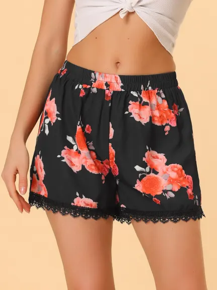 Allegra K - Summer Floral Printed Lace Trim Beach Shorts