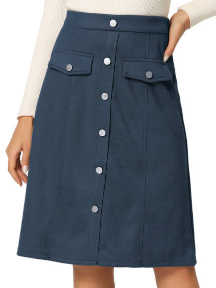 Allegra K- Suede Button Pockets Decor A-Line Skirt