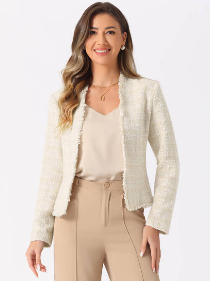 INSPIRE CHIC - Long Sleeve Plaid Tweed Short Blazer