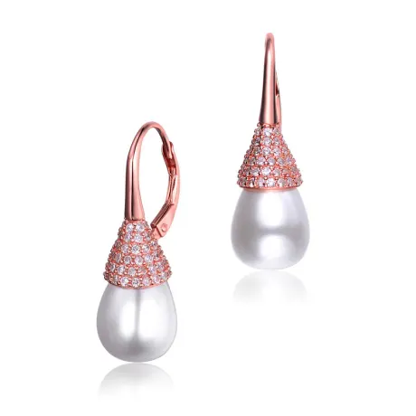 Genevive Sterling Silver with Clear Cubic Zirconia and Pearl Bulb Earrings