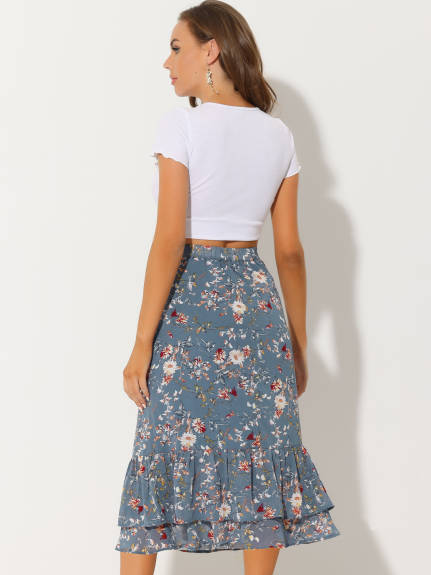 Allegra K- Printed Chiffon Ruffle Tiered Zipper Midi Skirt