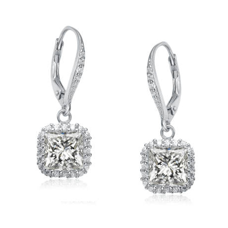 Genevive Sterling Silver with Clear Square Cubic Zirconia Drop Earrings