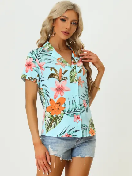 Allegra K- Beach Tropical Floral Leaves Button Down Shirts