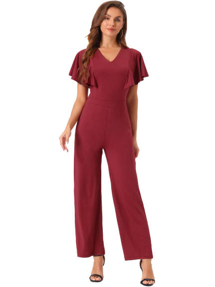 Allegra K - Ruffle Short Sleeve Fitted Wide Leg Jumpsuit