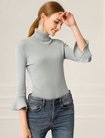 Allegra K- Turtle Neck 3/4 Ruffle Sleeves Pullover Slim Rib Knit Sweater