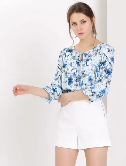 Allegra K- Tie V Neck Ruffled 3/4 Sleeve Floral Blouse