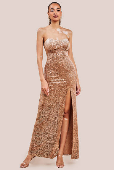 Goddiva - Sequin Velvet Bandeau Maxi Dress