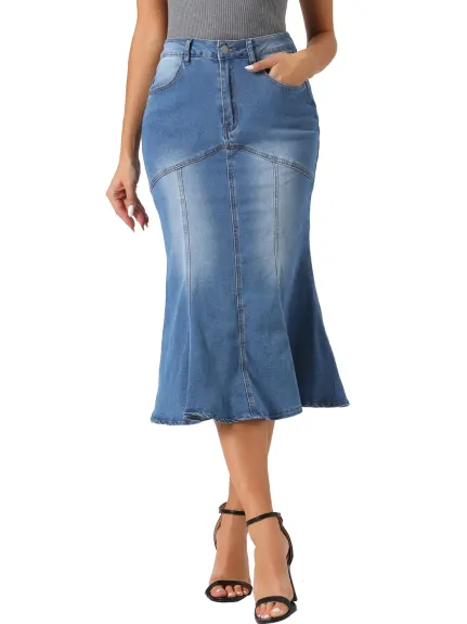 Allegra K- Washed Denim Fishtail Midi Bodycon Skirt