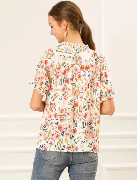 Allegra K- Floral Short Sleeve Ruffle Neck Blouse