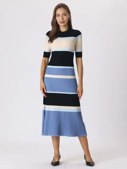 Hobemty- Short Sleeve Striped Knit A-Line Midi Dress