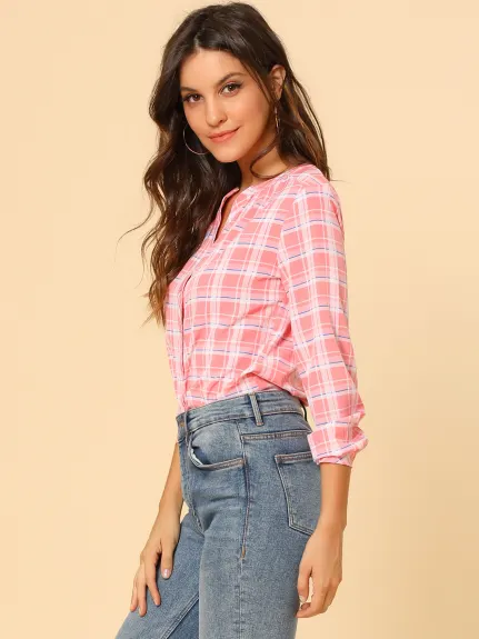 Allegra K- Plaid V Neck Long Sleeve Blouse Shirt