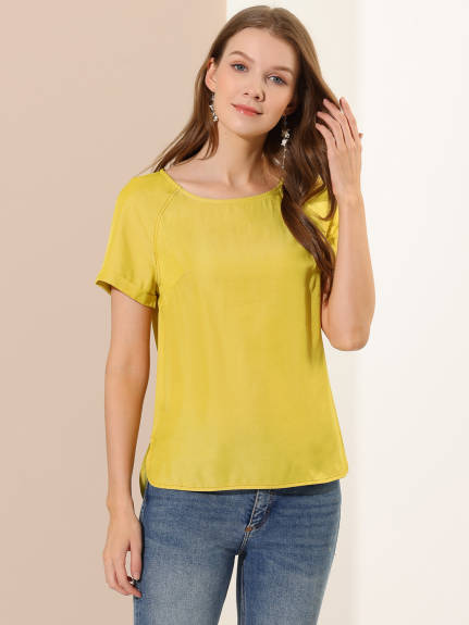 Allegra K- Round Neck Raglan Sleeve Side Slit Blouse