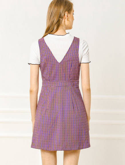 Allegra K- Overalls V-Neck Plaid Houndstooth Pinafore Dress