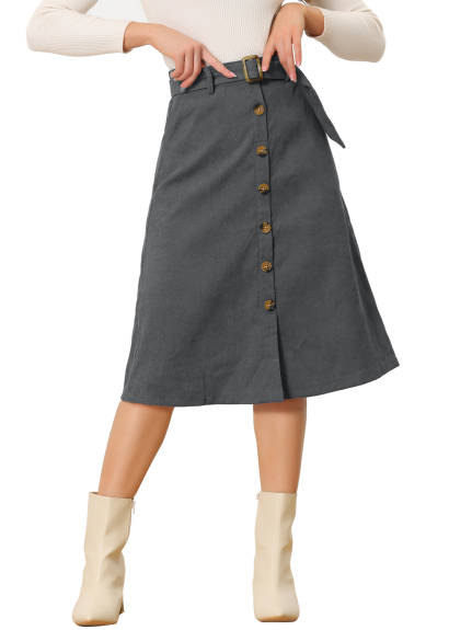 Allegra K - Button Front A-Line Belted Corduroy Skirt