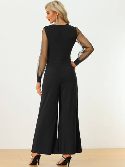 Allegra K - Mesh Long Sleeve V Neck Wide Leg Jumpsuit