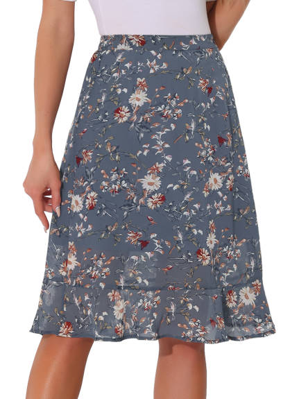 Allegra K- Floral Ruffle A-Line Split Midi Skirt