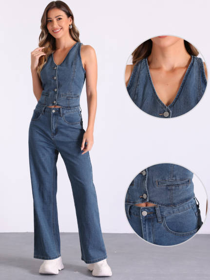 Allegra K- Sleeveless V-Neck Denim Vest Wide Leg Pants Suit