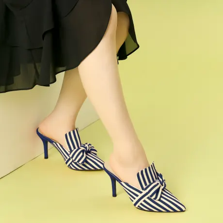 Allegra K - Slip-on Stripe Bow Stiletto Heel Slide Mule