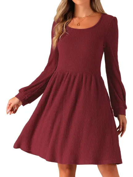 Allegra K - Scoop Neck Long Puff Sleeve Sweater Dress