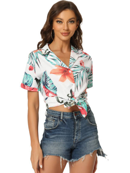 Allegra K- Beach Tropical Floral Leaves Button Down Shirts