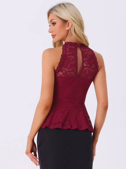 Allegra K- Sweetheart Neck Sleeveless Lace Peplum Top